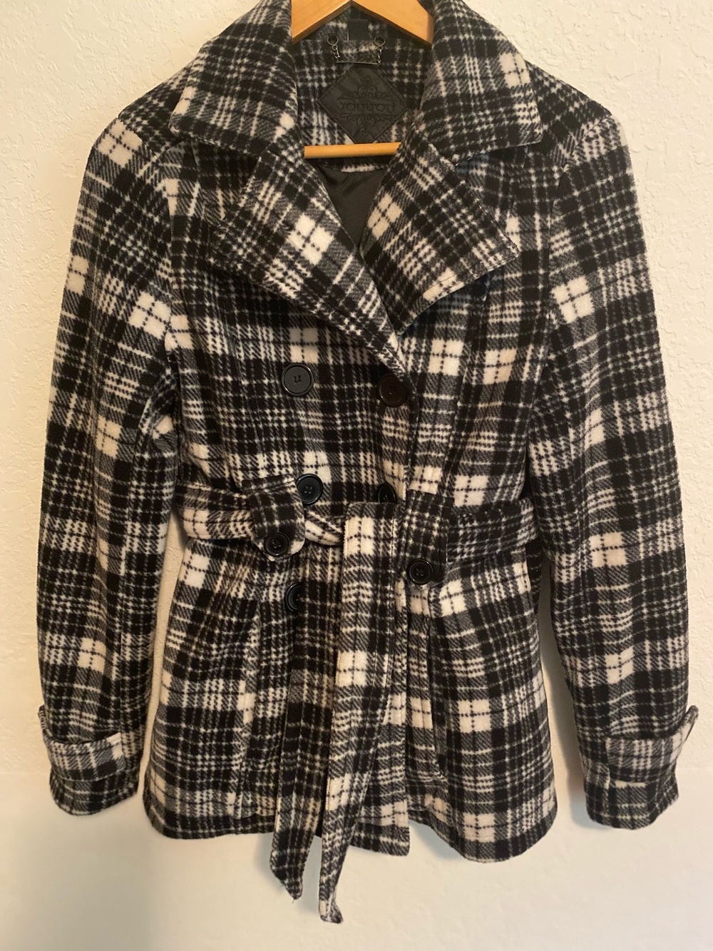 JouJou Y2K Era Black & White Plaid Wool-Blend Belted Pea Coat